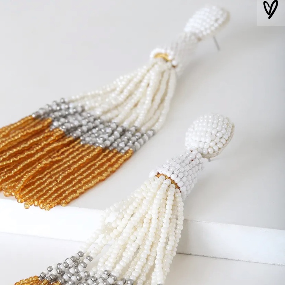 Gold and White beaded tassel earrings - Picture 3 of 6